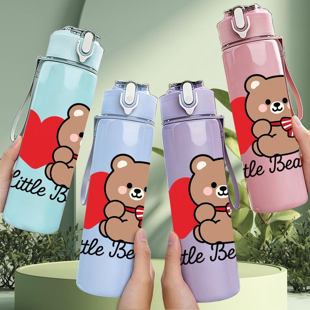 1PC Little Bear Red Heart Pattern 750ml Color Plastic Sports Water Bottle Leakproof Flip Straw Lid Suitable for Sports Office Home Use