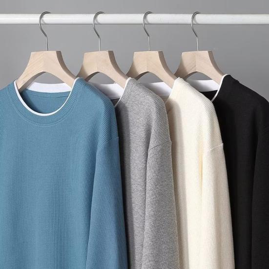 Мужской вафельный свитшот с круглым вырезом, футболка с длинным рукавом, имитация двухслойности, повседневный свободный пуловер для весны, осени, для повседневной носки, уличный стиль