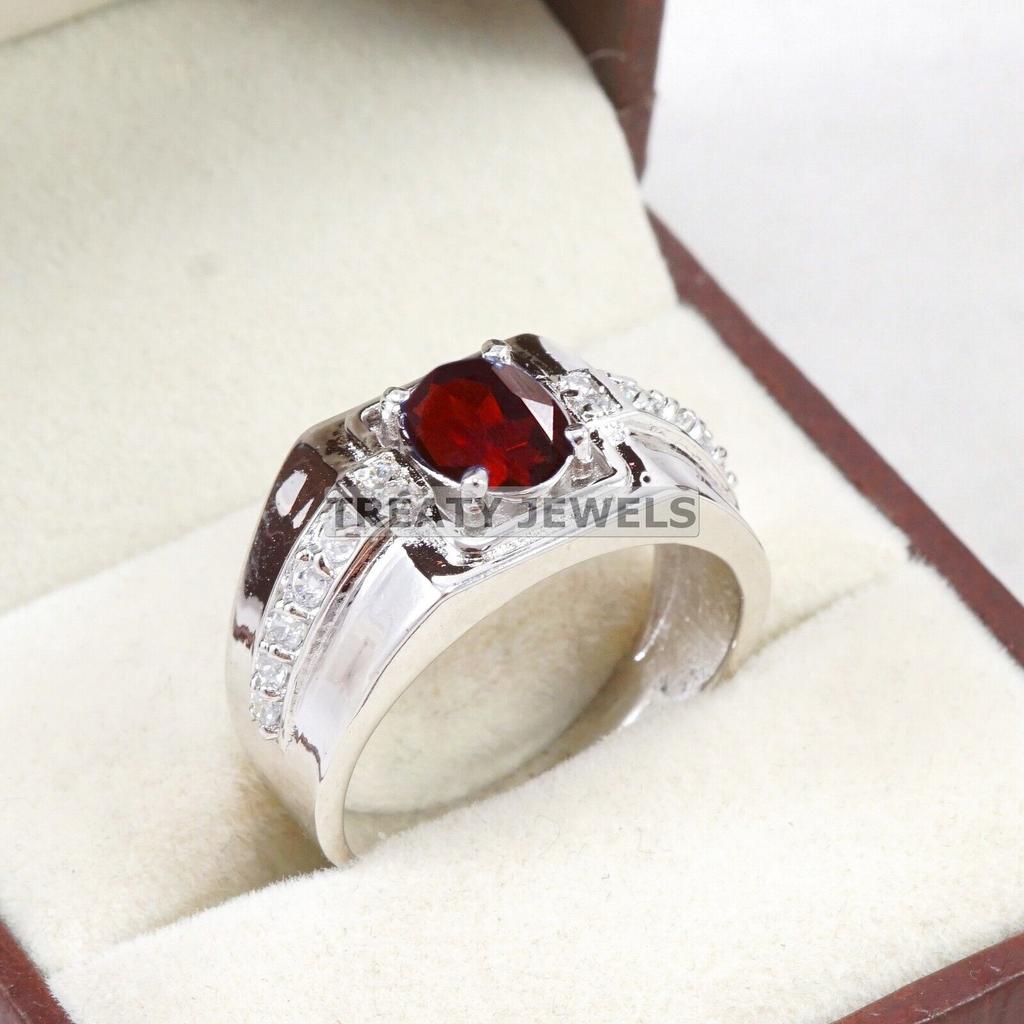 Garnet Oval Cut Gemstone With 925 Sterling Silver Ring For Men's #B101 JL375671440233