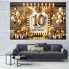 2D Black Gold 10th Birthday Backdrop with Crown Lights and Balloons Photo Booth Banner