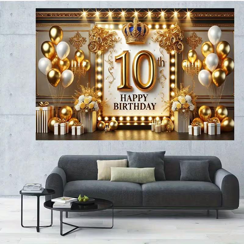 2D Black Gold 10th Birthday Backdrop with Crown Lights and Balloons Photo Booth Banner