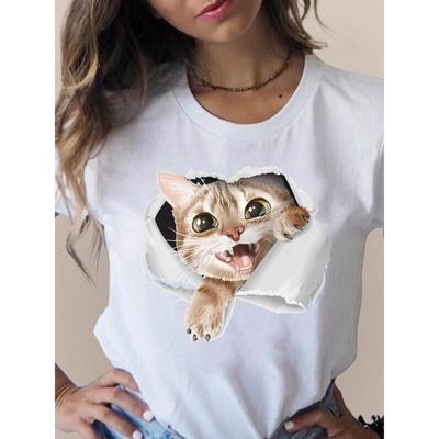 Женские летние свободные футболки из чистого хлопка с короткими рукавами и круглым вырезом с принтом 3D Cat