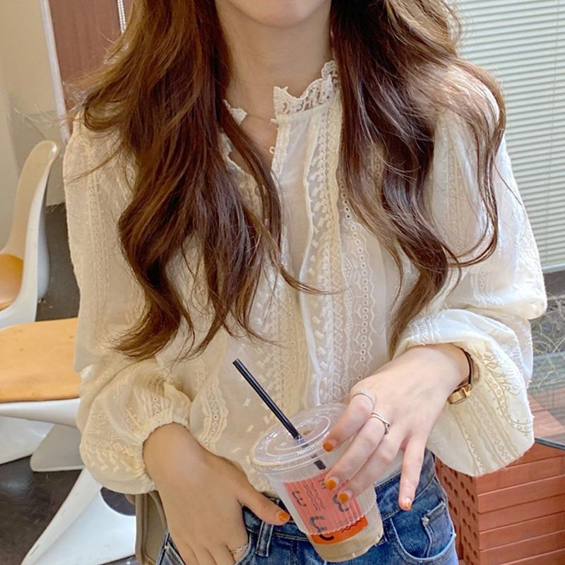 Elegant Embroidery Lace Women Blouse Autumn Fashion Vintage Round Neck Slim Long Sleeve Women's Shirt Tops Solid Loose Casual Ladies Blouses 25174