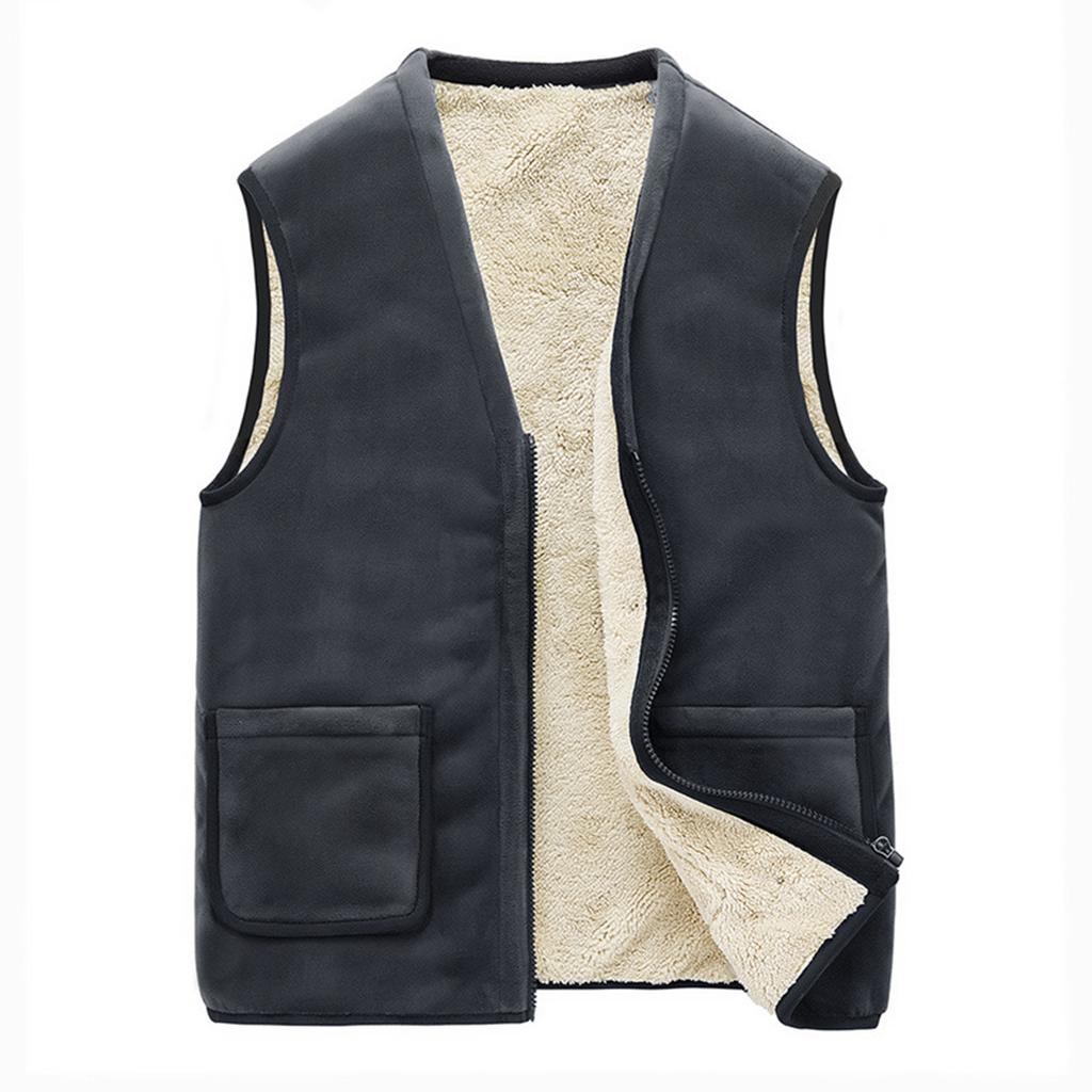 Men's Casual Fleece Solid Color Zipper Vest, Men's Stand-up Collar Lambskin V-neck Vest