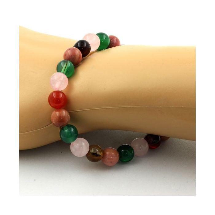 Pierres et Minéraux. Bracelet Perles Rhodonite + Agate rubanée + Quartz rose + Agate verte Fabriqué en France.