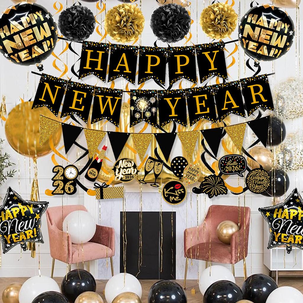 New Year'S Party Theme Happy New Year Black Gold New Year'S Eve Banner Paper Flower Ball Balloon Decoration Set