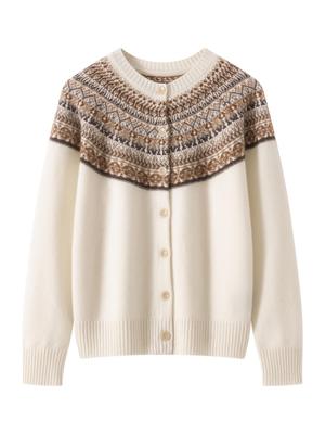 Женский кардиган с жаккардовым узором Fair Isle из 100% чистого кашемира с круглым вырезом, Осень/Зима 2025