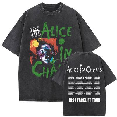 Стирка Винтажная Футболка с Лицом Alice in Chains Face Lift Tour 1991 Мужская Женская Панк Повседневная Большого Размера С коротким Рукавом Футболки Топы