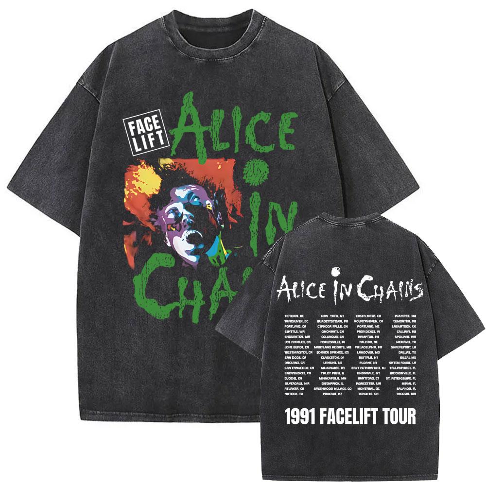 Стирка Винтажная Футболка с Лицом Alice in Chains Face Lift Tour 1991 Мужская Женская Панк Повседневная Большого Размера С коротким Рукавом Футболки Топы