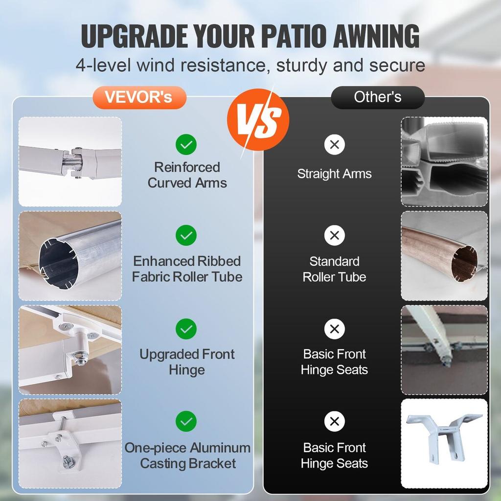 Manual Retractable Awning, 12 x 10 ft Outdoor Patio Awning Retractable Sun Shade, Water-Resistant Polyester Patio Door Window Awning Sunshade Shelter