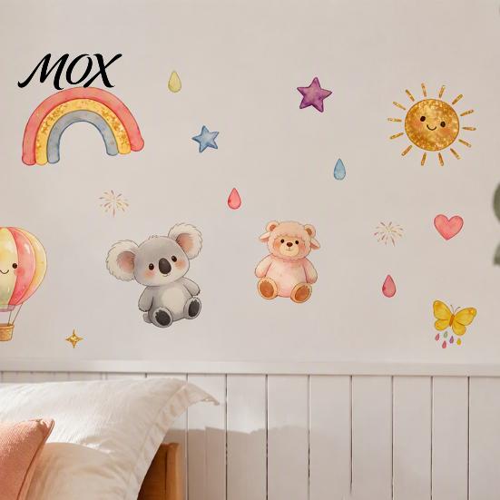 Watercolor Cartoon Wall Stickers Koala & Bear Stickers, Animals Decals with Rainbow Hot Air Balloon Self Adhesive Art Patterns, PVC Waterproof