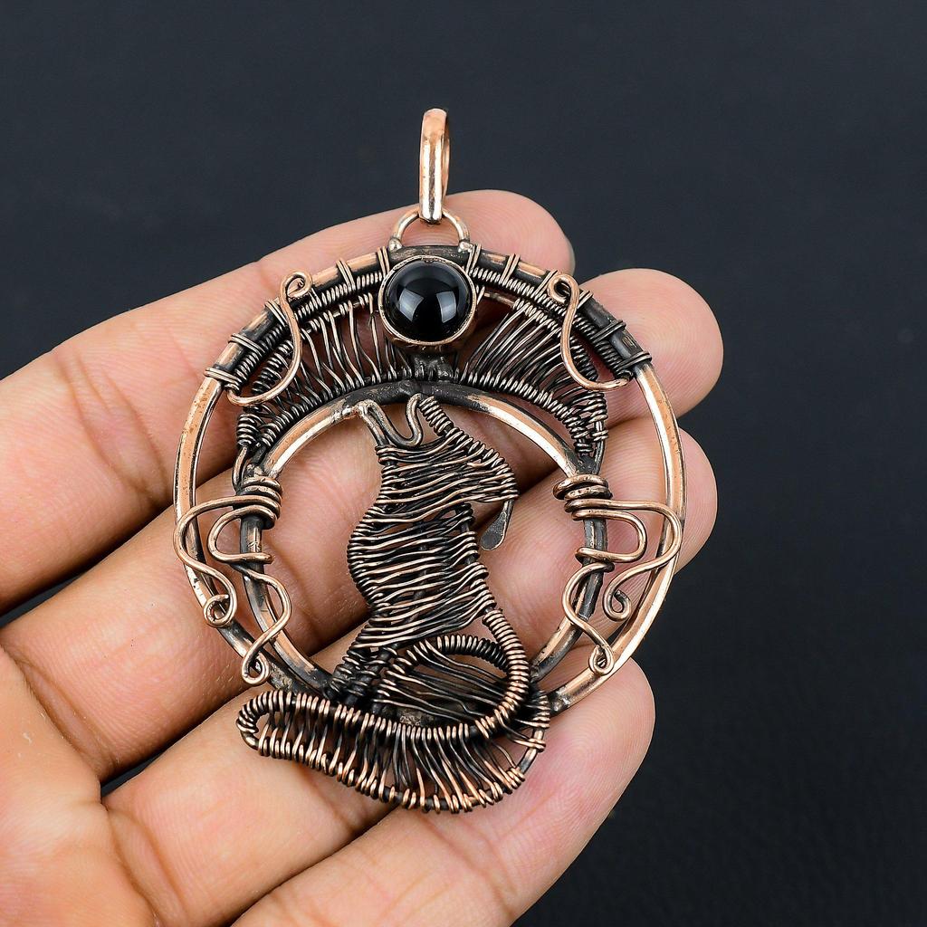 Черный драгоценный камень оникс чистая медная проволока обернутая ювелирные изделия ручной работы кулон