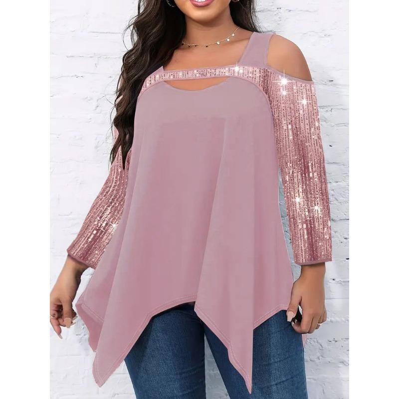 Весна Осень Уличный Стиль Ажурная Футболка с Пайетками Необычного Кроя Женская С Длинным Рукавом С Открытыми Плечами Пуловер Футболка Топ
