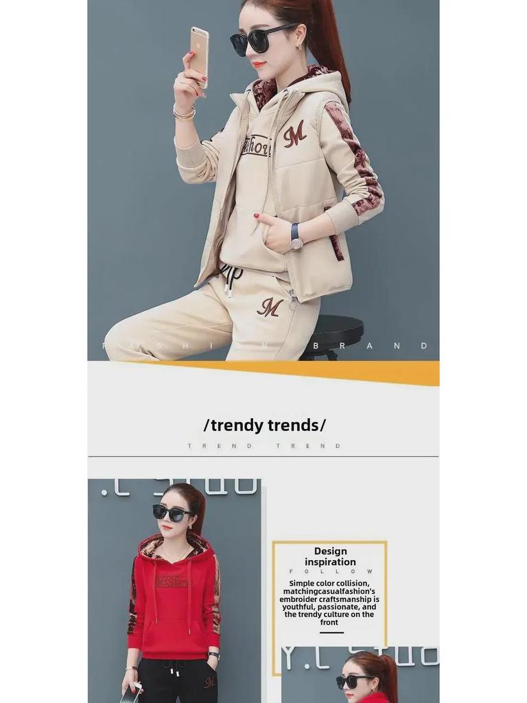 Женская спортивная одежда больших размеров из бархата: Утолщенный костюм-тройка для повседневной моды осень/зима 2023