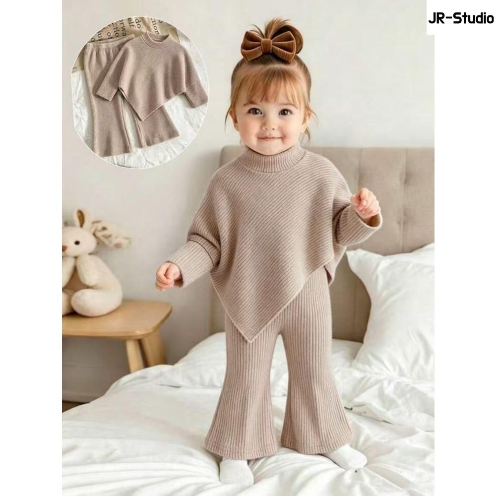 Girls Spring Autumn Winter Casual T-shirt Set Flared Pants Asymmetric High Neck Ribbed Brushed Top and Trousers Outfit