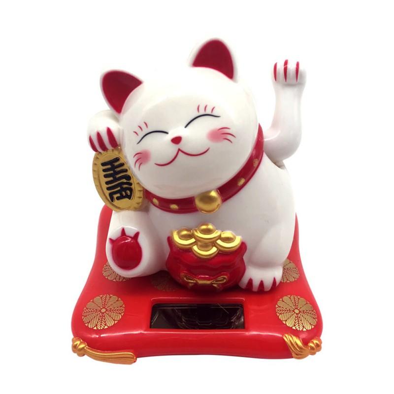 Solar Powered Lucky Cat Waving Arm Chinese Lucky Cat Welcoming Beckoning Fortune Cat Figurines Home Office Decoration