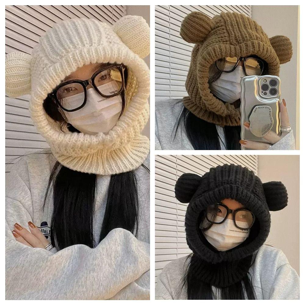 Bear Ear Knitted Hooded Beanie Hat Solid Color Pullover Hat Kawaii Balaclava Hat Female/Girls