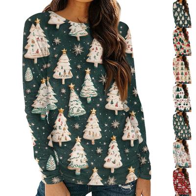Женские рубашки с длинным рукавом и круглым вырезом, повседневные топы, туники с рождественским принтом, свободные футболки