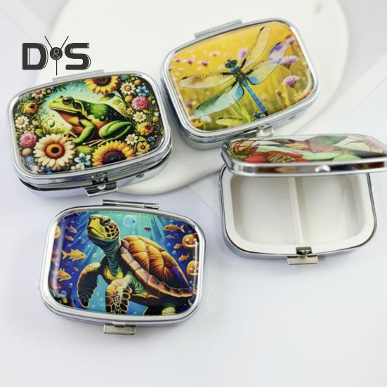 Pill Box with Hinged Lid 2 Compartments Tablet Holder Portable Jewelry Case with Mirror for Purse Pocket Travel Use