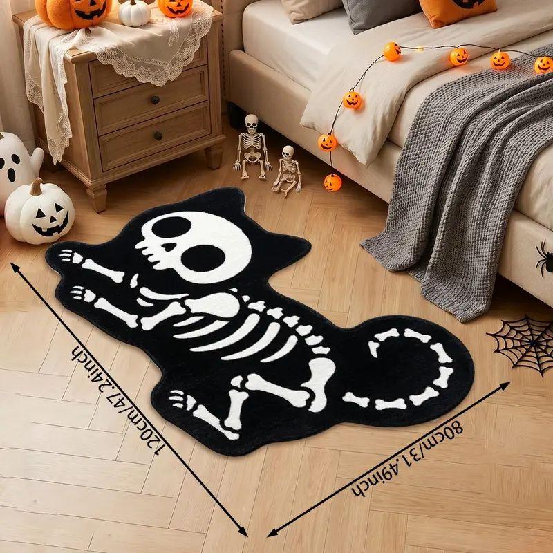 Skeleton Cat Shape Rug Soft Flannel Irregular Floor Mat Anti‑slip Halloween Carpet For Entrance Bedroom Home Party Decor