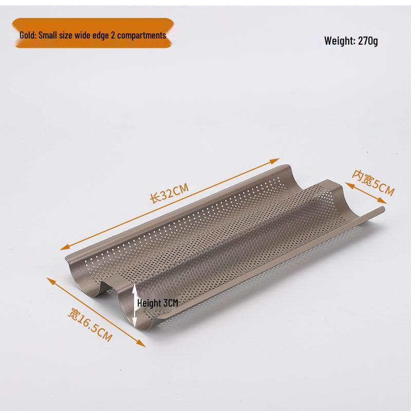 Golden Non-stick Baguette Baking Mold with Breathable Multi-hole Design and Rounded Corners.