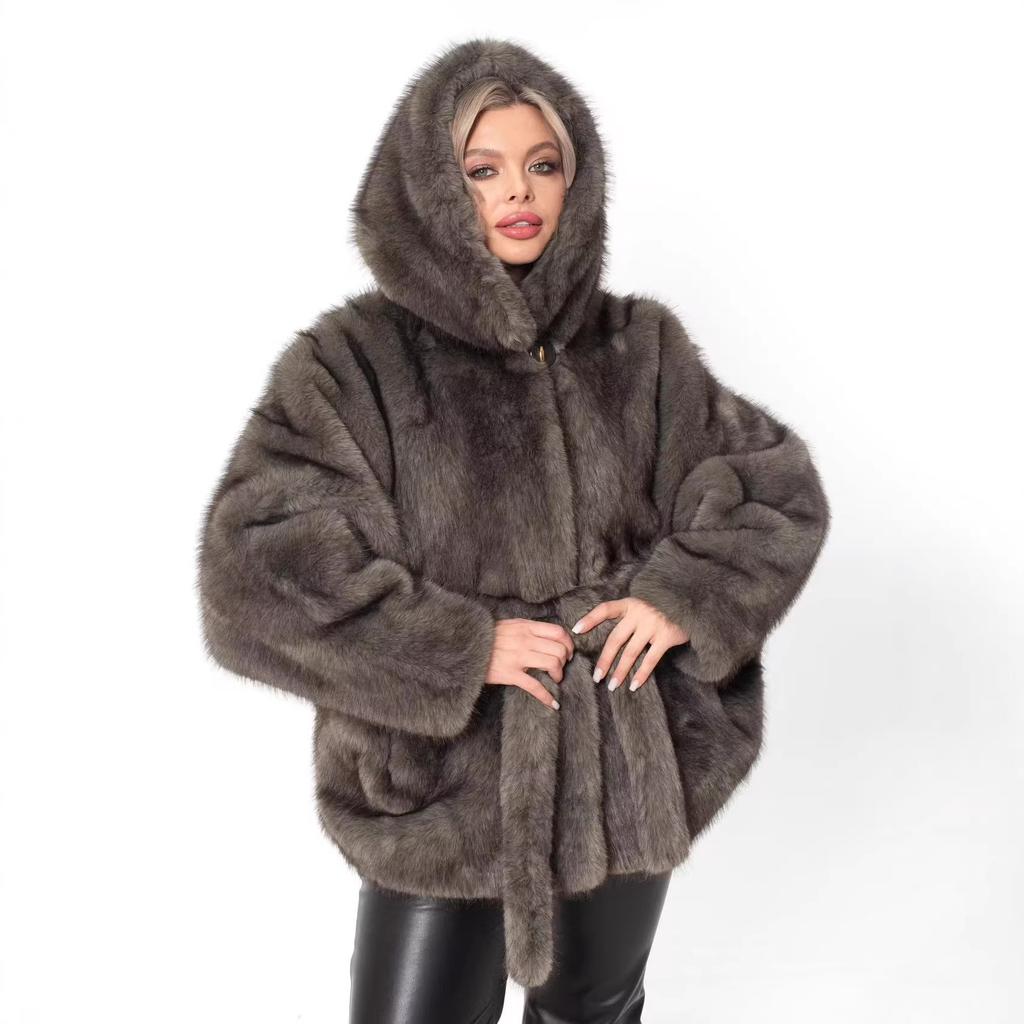Европейский и американский новый imitation fur, imitation mink velvet, среднее и длинное пальто, с капюшоном, на поясе