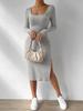 Women's Knitted Dress Square Neck Long Sleeves Hem Slit Brushed Dress