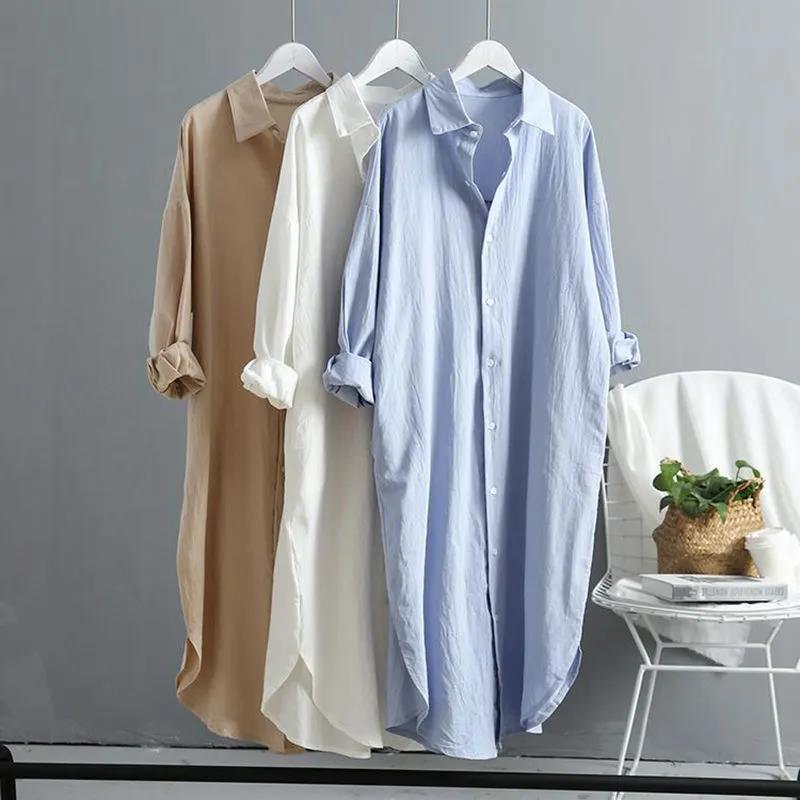 Plus Size Women's Cotton Linen Long Sleeve White Shirt Spring Autumn Loose Casual Mid-Length Shirt Dress Robe Femme