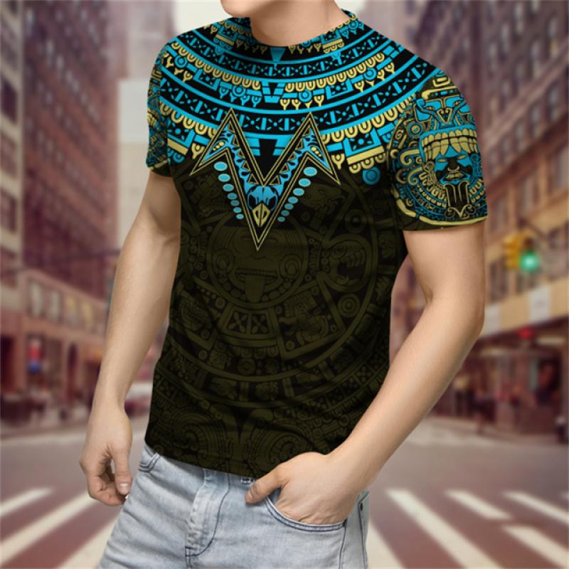 Mexico Aztec Men's T-Shirt, 3D Printed Short Sleeve T-Shirt, Day of Death, Street, Hip Hop, Large, 2023 New