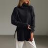 Women's Fashion Casual Solid High Collar Hem Split Long Sleeve Sweater Top