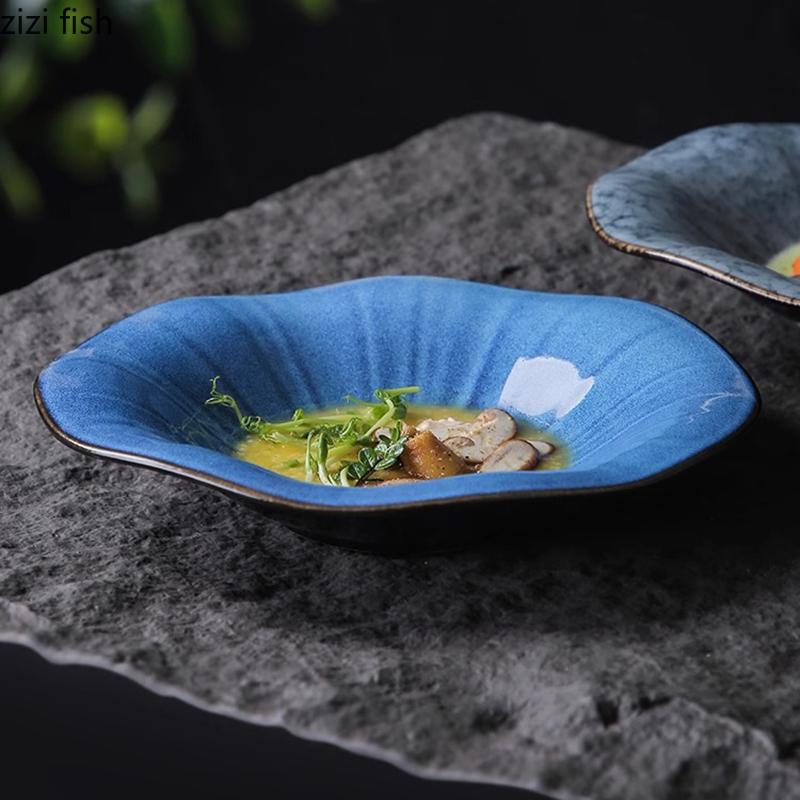Kiln Changes Ceramic Lotus Leaf Plate Irregular Thick Soup Plate Dessert Plate Salad Plates Molecular Cuisine Featured Tableware