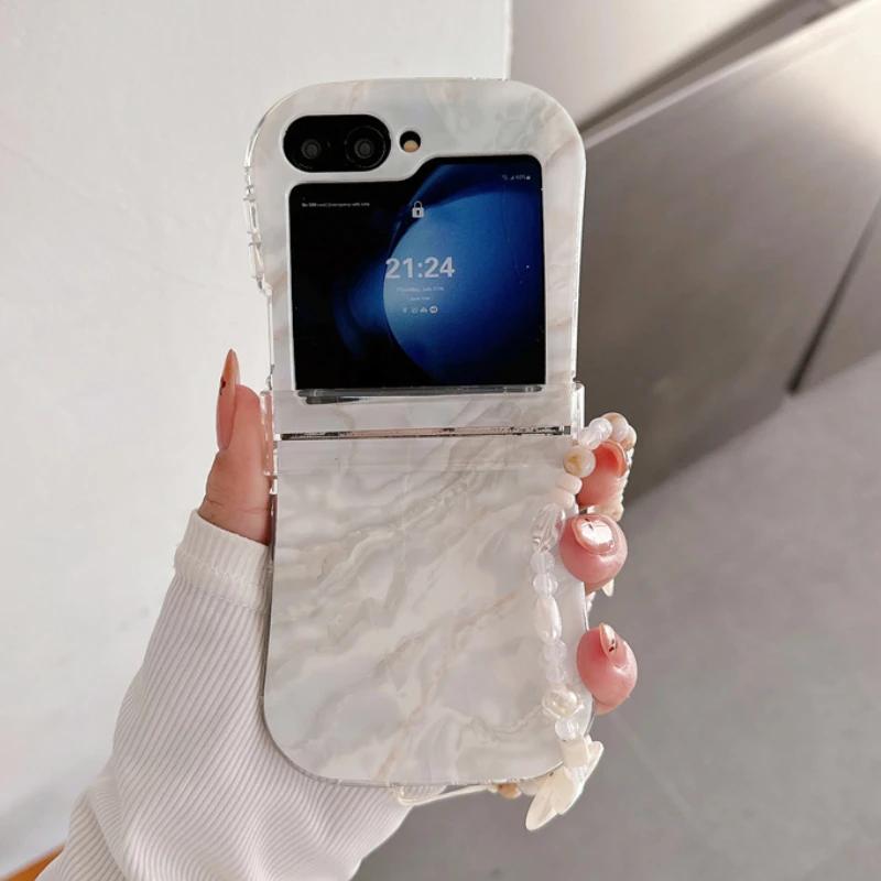 Korean Marble Texture Painted Case For Samsung Galaxy Z Flip 6 5 4 3 5G Flip4 Flip5 3-piece Set Flip6 Cute Anti-Scratch Cover