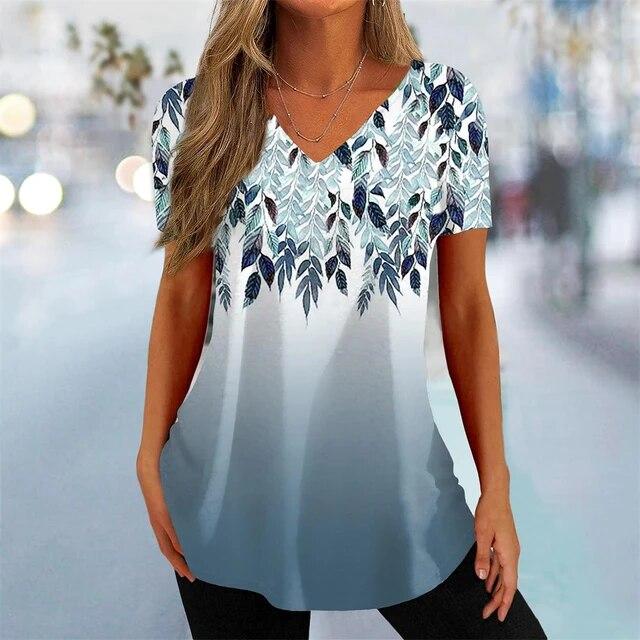 Летняя женская футболка с 3D цветочным принтом, красивая футболка с v-образным вырезом и коротким рукавом, трендовая модная футболка для женщин, уличная
