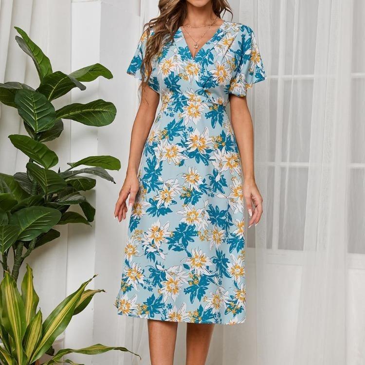 Women Floral Chiffon Casual Summer Dress V Neck Short Sleeve High Waist Swing Long Chic Sizes S To XL