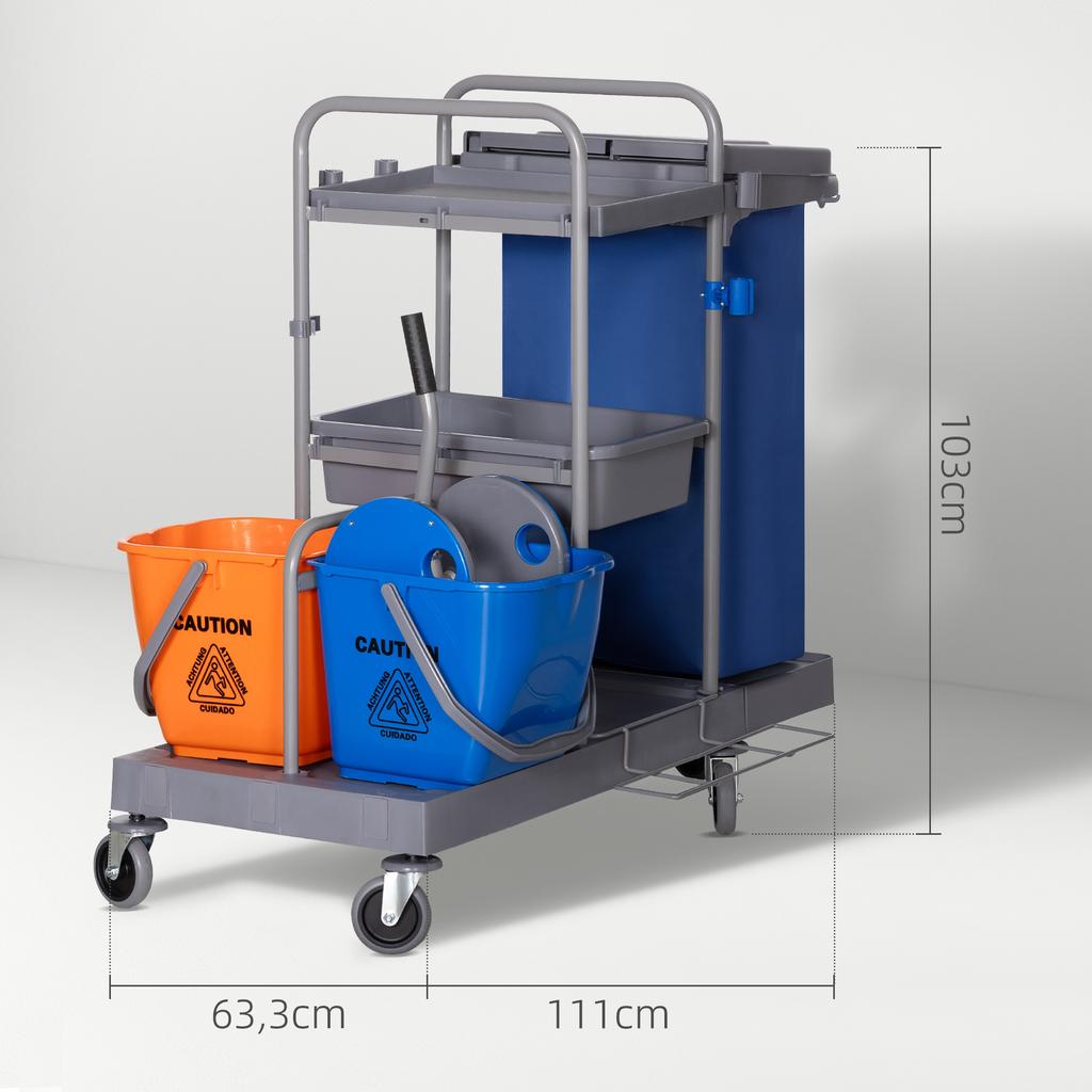 Cleaning Trolley, Cleaning Cart with 3 Tiers, Mop Cart with Wringer, 2x18L Buckets, for Hotels