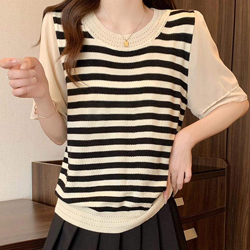 Women Sweaters Pullovers 2025 Summer Short Sleeve O-Neck White Black Knitted Striped Sweater Women Tops Pullover JJ235
