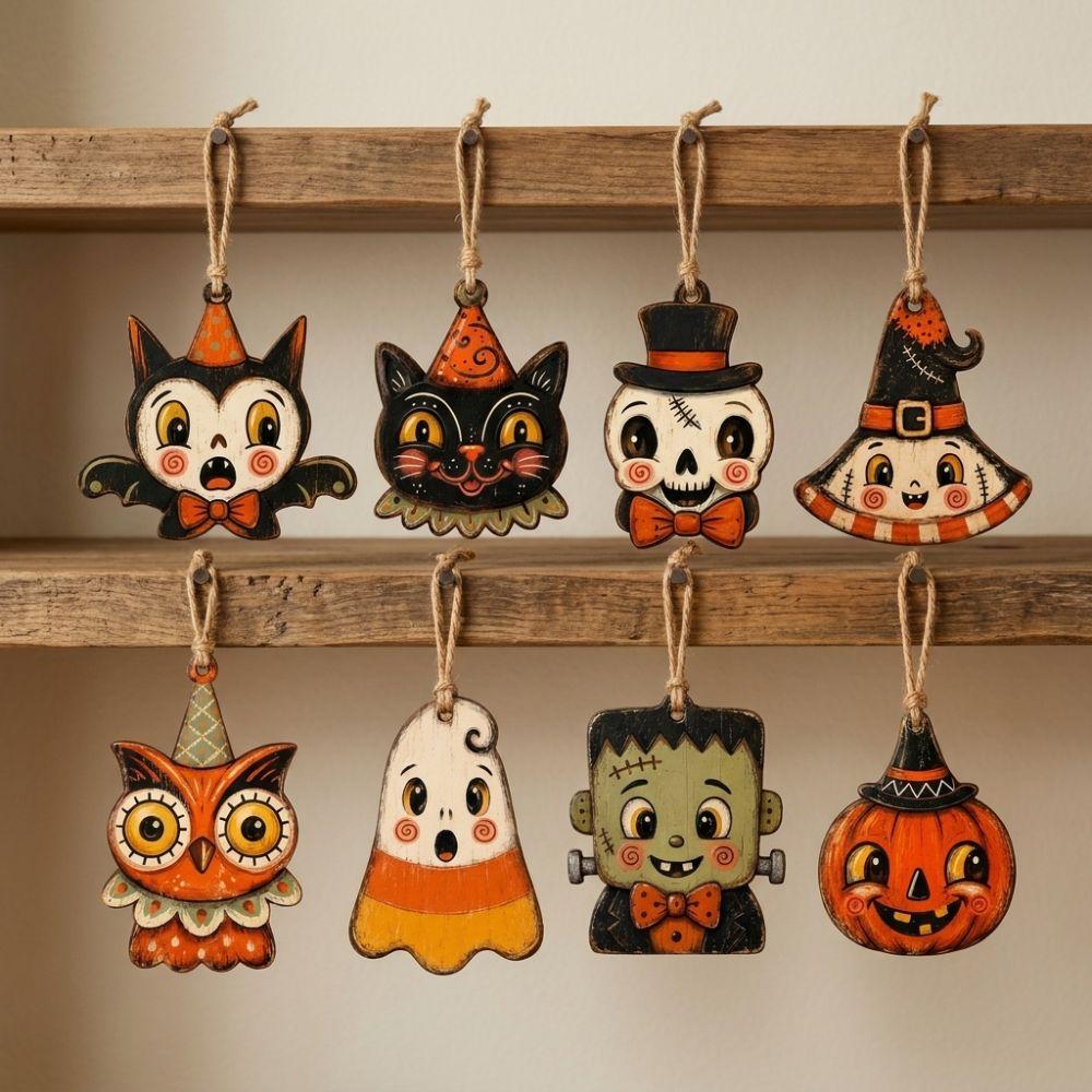 Distressed Painted Halloween Pumpkin Ghost Pendant Owls Bat Hanging Decoration Indoor Use