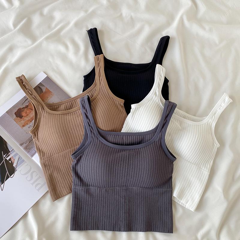 Seamless Crop Top Women Underwear Wire-Free U-Shaped Camisole Wide Straps Striped Solid Bralette Lingerie One-Piece Tube Tops