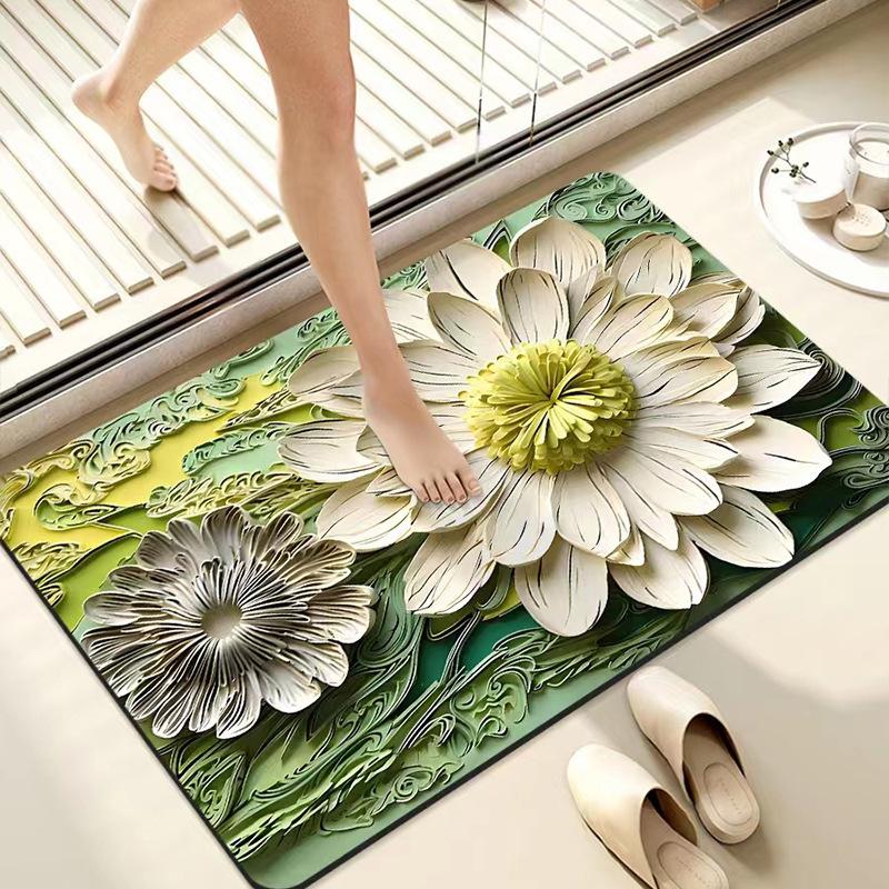 VIKAMA Floral Floor Mat Elegant Oil Painting Style Absorbent Anti-Slip Bathroom Foot Mat Entrance Foyer Carpet Home Decor