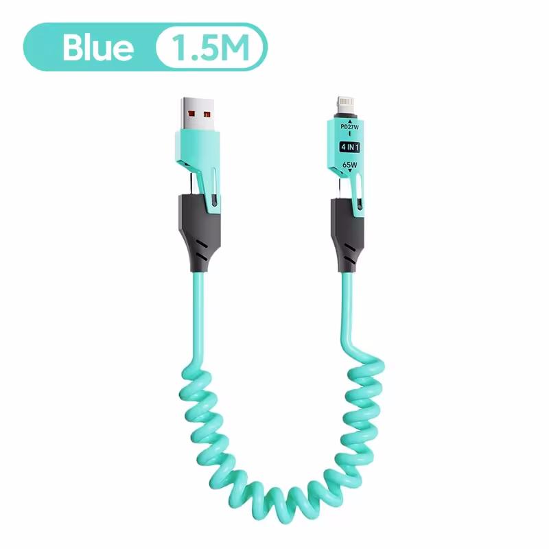Кабель для быстрой зарядки 4-в-1 мощностью 65 Вт с разъемами USB Type-C и Lightning, телескопическая конструкция с пружиной