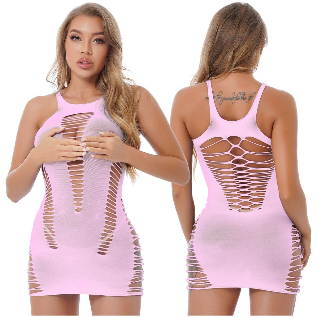 Womens Hollow Out Babydoll Mini Dress Sleeveless Bodycon Clubwear Nightgown Sleepwear