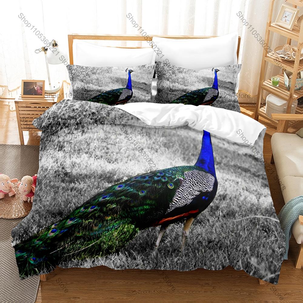 Peacock Printed Bedding Set, Duvet Cover + 2 Pillowcases Elegant Bird Pattern Soft Bed Sheets for Living Room Dorm Decoration