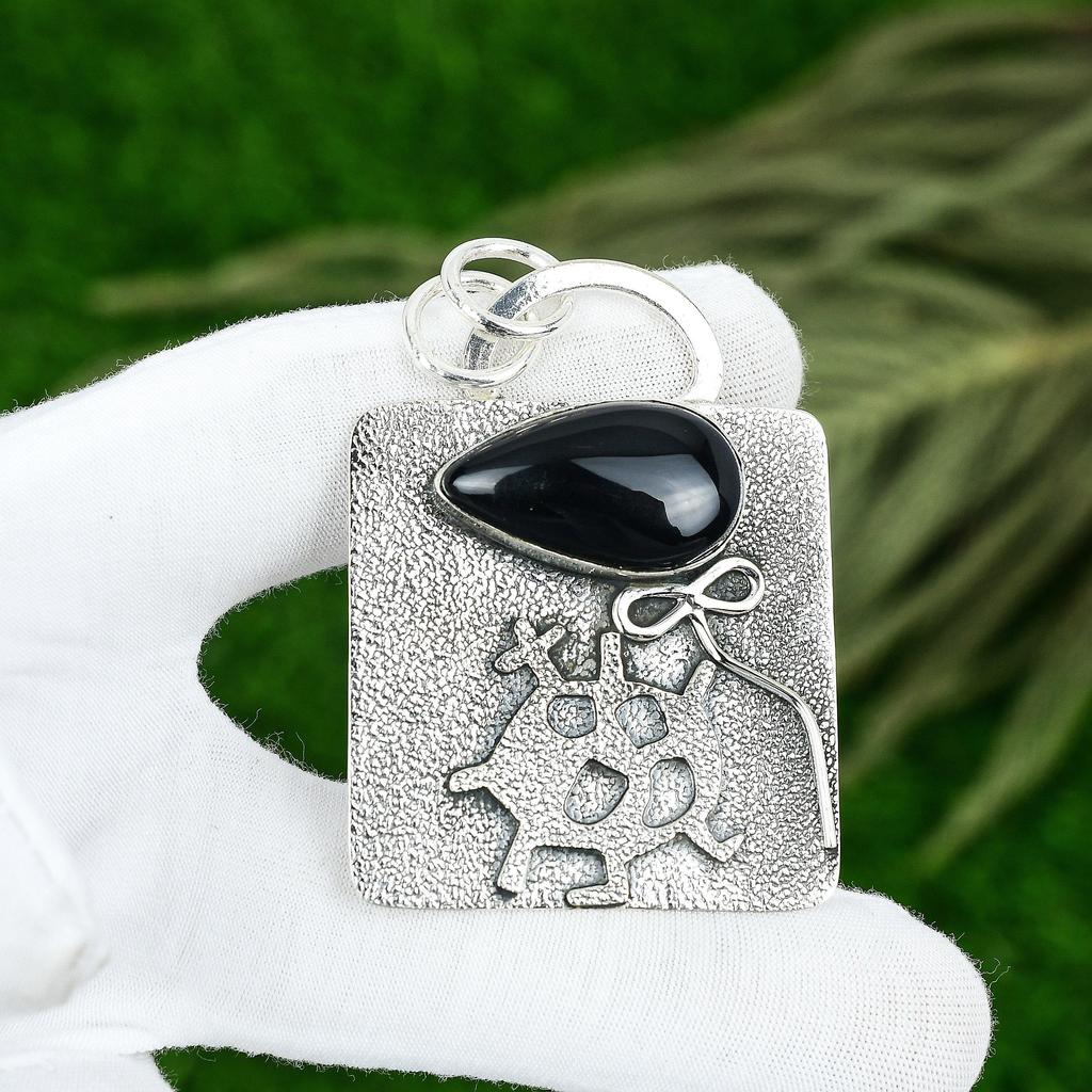 Natural Black Onyx Gemstone Indian Jewelry 925 Sterling Silver Pendant For Girls