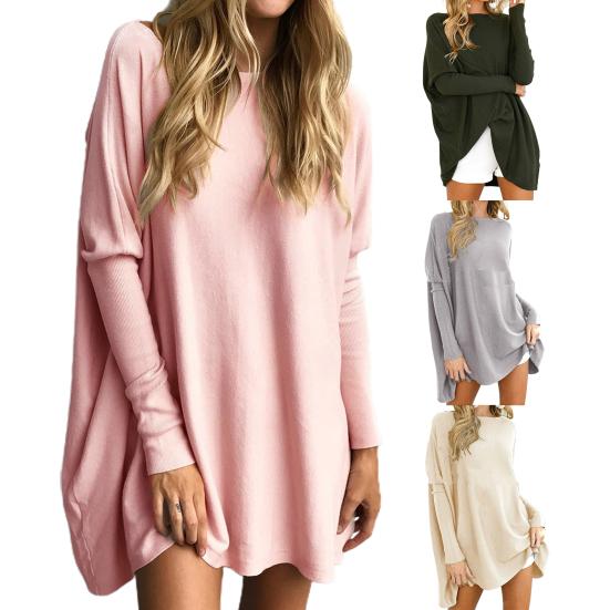 Женская однотонная блузка с длинным рукавом, топ с круглым вырезом, длинный тип