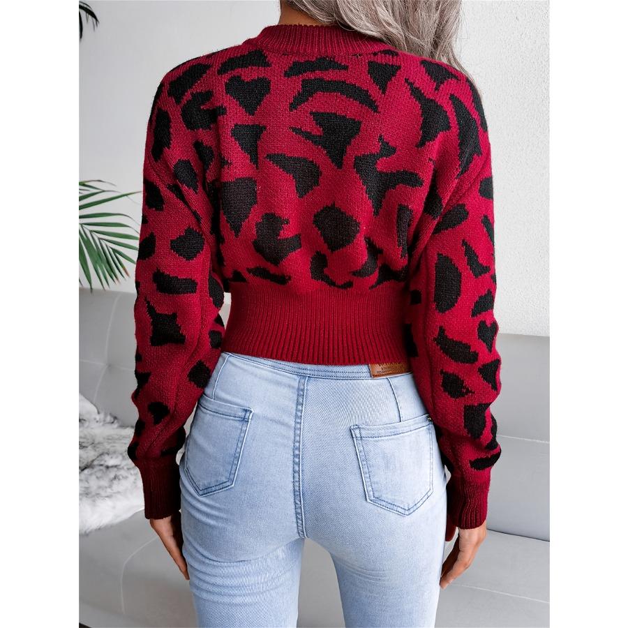 Укороченный свитер с леопардовым принтом, повседневный свитер с круглым вырезом и длинными рукавами, повседневные топы на осень и зиму, женская одежда