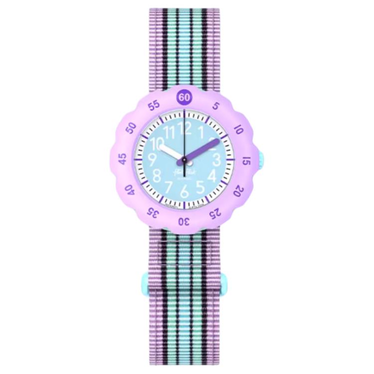 SWATCH Flik Flak series quartz movement 30 meters waterproof depth children's Swiss watch 34.75mm blue dial plastic case fabric strap ZFPSP071