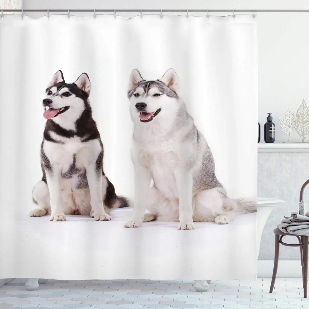 Cute Siberian Husky Shower Curtain Christmas Shower Curtain Set Husky Dog Puppy Bathroom Curtain Pet Dogs Christmas Home Decor