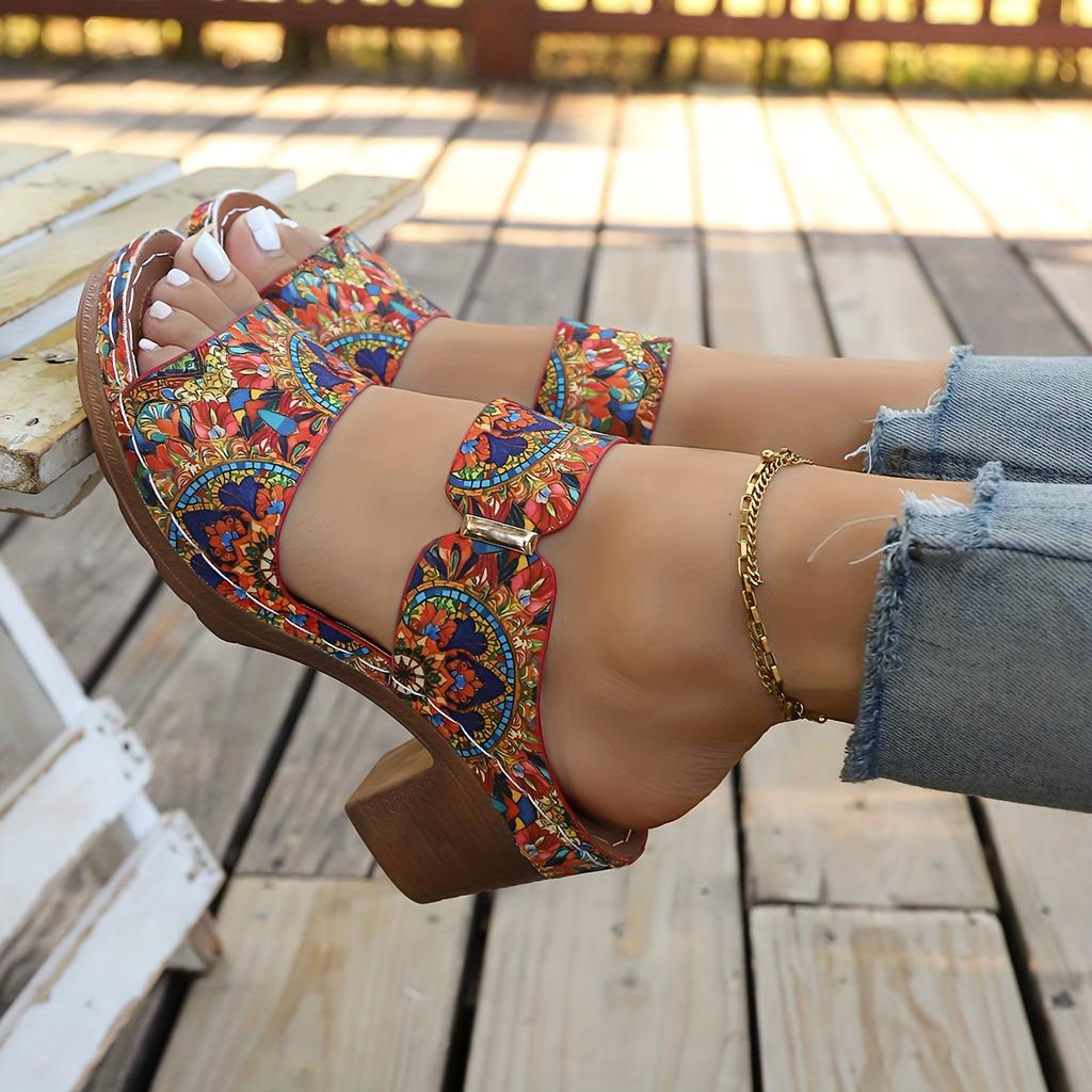 Женские богемные мюли-слайды с круглым носком и мозаичным принтом - Яркие разноцветные - Верх из ПУ и амортизирующая стелька - Легкие и удобные для лета