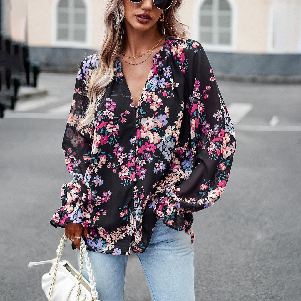 Women's Autumn V Neck Lantern Sleeve Button Elegant Fragmented Blouse Shirt Floral Tops