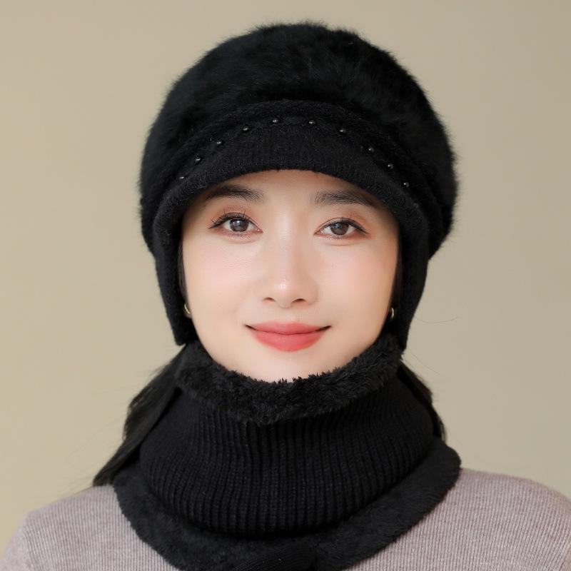 Winter Hat Female Faux Rabbit Fur Ear Protection Wool Hat Plush Thick Warm Knitted Hat